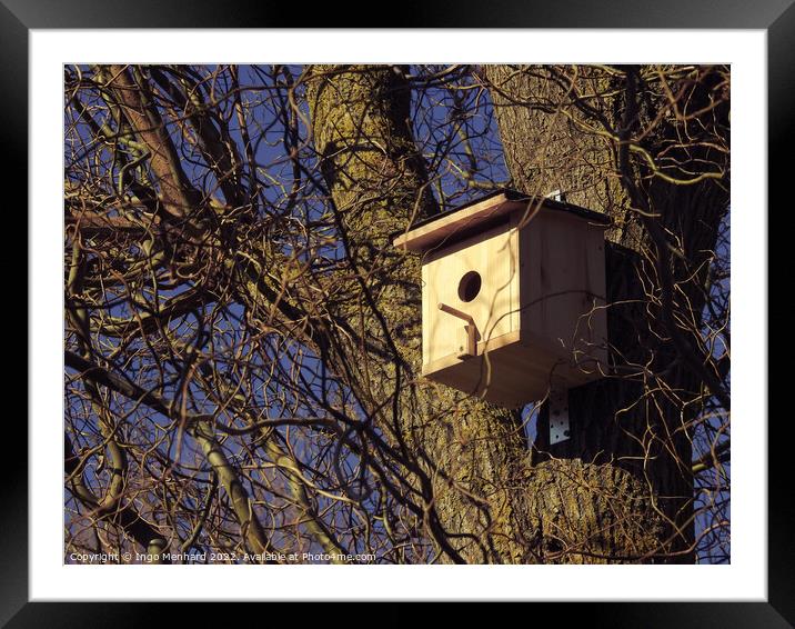 Scenic shot of a wooden birdhouse hanging from a tree Framed Mounted Print by Ingo Menhard