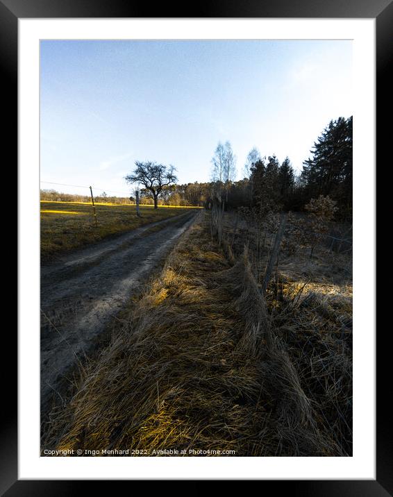 Vertical shot of the rural road in the middle of the field Framed Mounted Print by Ingo Menhard