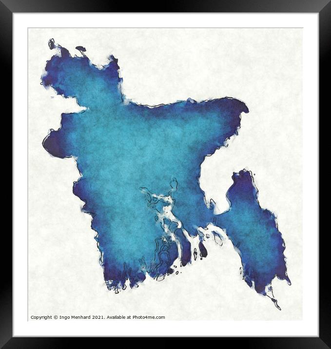 Bangladesh map with drawn lines and blue watercolor illustration Framed Mounted Print by Ingo Menhard