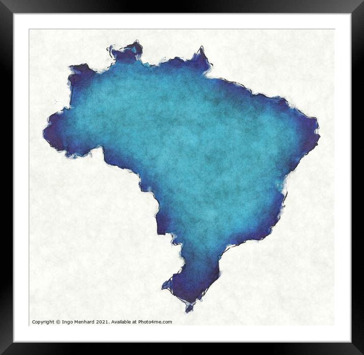 Brazil map with drawn lines and blue watercolor illustration Framed Mounted Print by Ingo Menhard