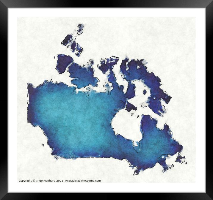 Canada map with drawn lines and blue watercolor illustration Framed Mounted Print by Ingo Menhard