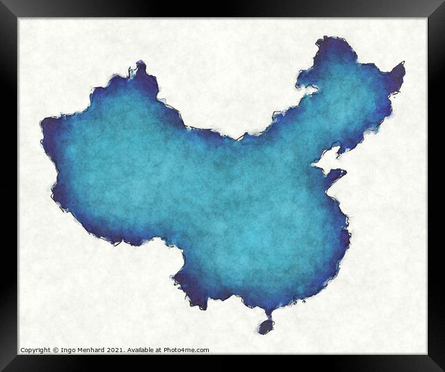 China map with drawn lines and blue watercolor illustration Framed Print by Ingo Menhard
