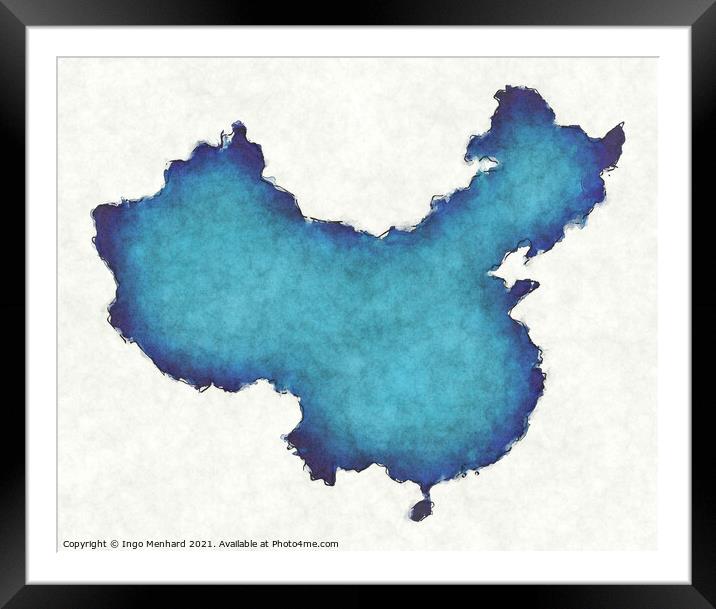 China map with drawn lines and blue watercolor illustration Framed Mounted Print by Ingo Menhard