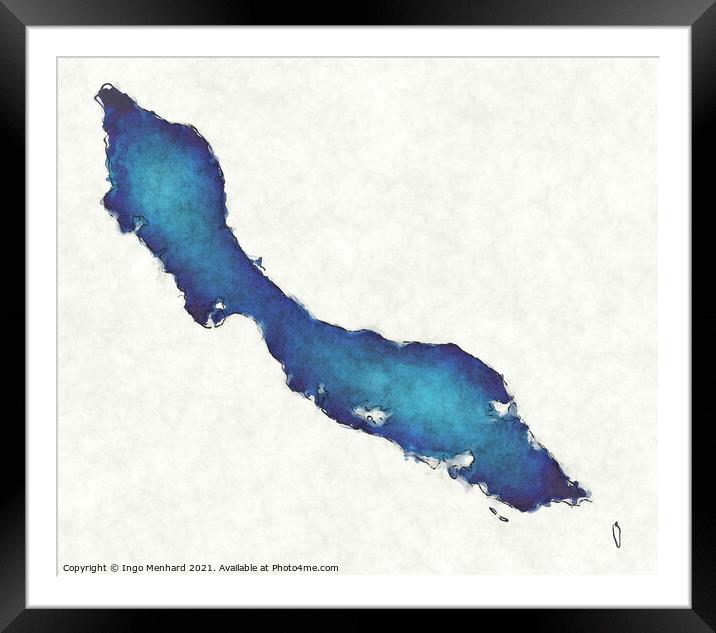 Curacao map with drawn lines and blue watercolor illustration Framed Mounted Print by Ingo Menhard