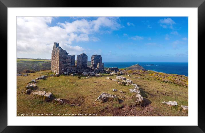 Kenidjack Cliff Castle Panorama with Cape Cornwall Framed Mounted Print by Tracey Turner