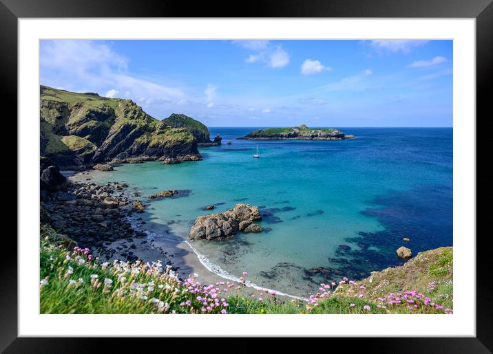 View over Mullion Cove to Mullion Island, Cornwall Framed Mounted Print by Tracey Turner