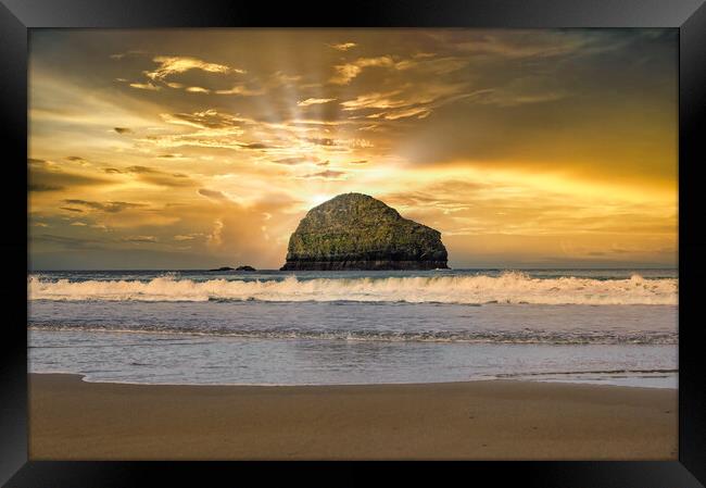 Gull Rock at Trebarwith Strand in Cornwall Framed Print by Tracey Turner