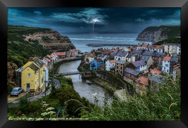 Dramatic Stormy Night in Staithes Framed Print by Tracey Turner