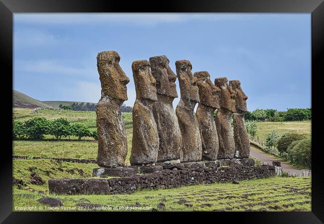 Moai Statues at Ahu Akivi on Easter Island Framed Print by Tracey Turner