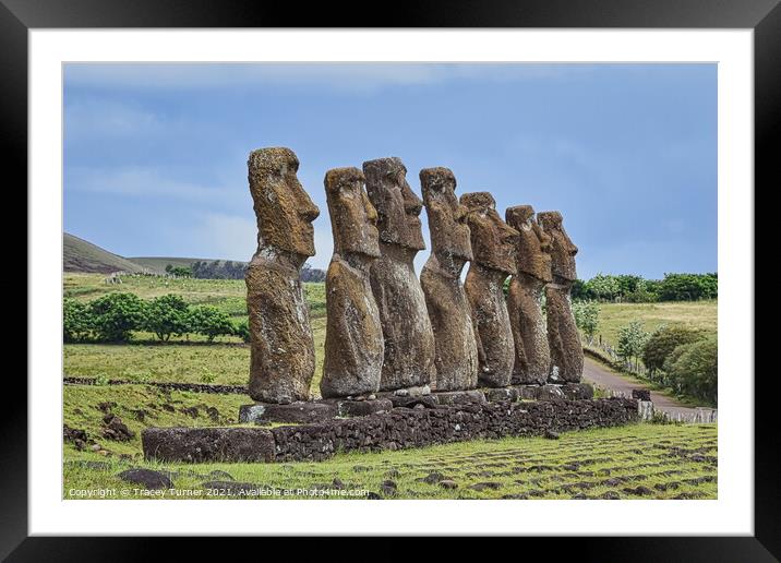 Moai Statues at Ahu Akivi on Easter Island Framed Mounted Print by Tracey Turner