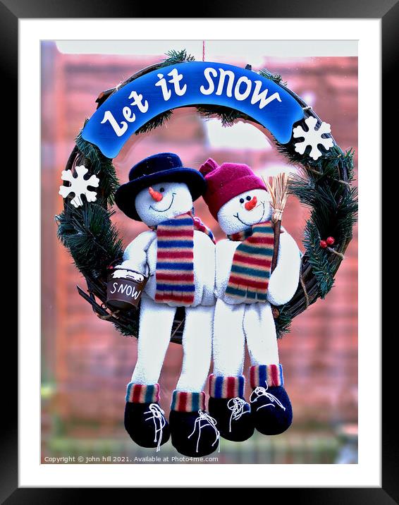Let it snow Snowmen wreath in Portrait Framed Mounted Print by john hill