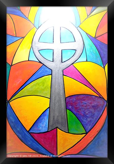 Abstract Religious stained glass window. Framed Print by john hill