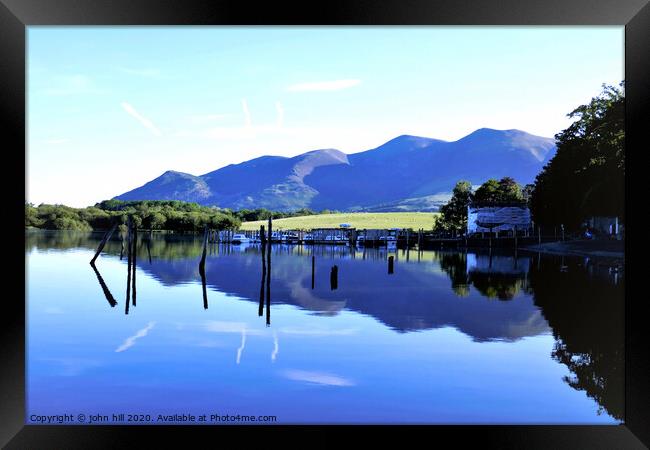 Reflections in Derwentwater with Skiddaw mountain  Framed Print by john hill