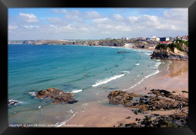 Beaches at Low tide at Newquay in Cornwall.  Framed Print by john hill