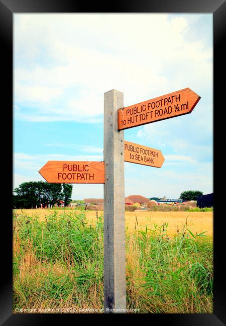 Coastal footpath signpost at Sutton on Sea, Lincolnshire. Framed Print by john hill
