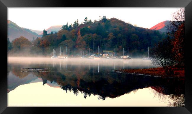 Yachts in the mist at dawn. Framed Print by john hill