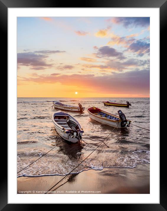 Fishing Boats at sunset, Treasure Beach, Jamaica Framed Mounted Print by Karol Kozlowski