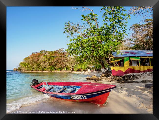 Fishing Boat at Winnifred Beach, Jamaica Framed Print by Karol Kozlowski