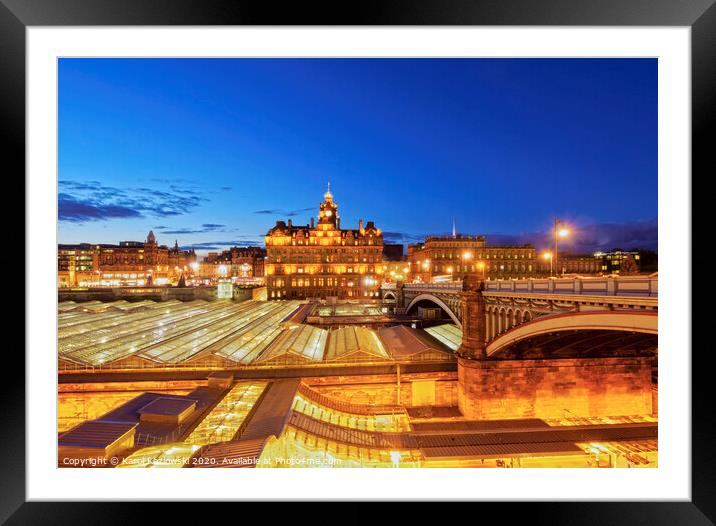 Waverley Train Station and Balmoral Hotel in Edinburgh Framed Mounted Print by Karol Kozlowski