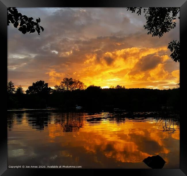 Firey sunset at Osborne pond  Framed Print by Joe Ames