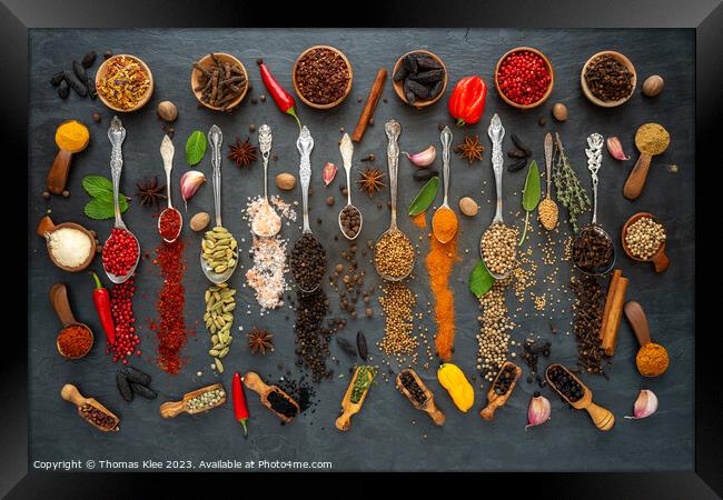 Colorful selection of exotic spices on a slate Framed Print by Thomas Klee