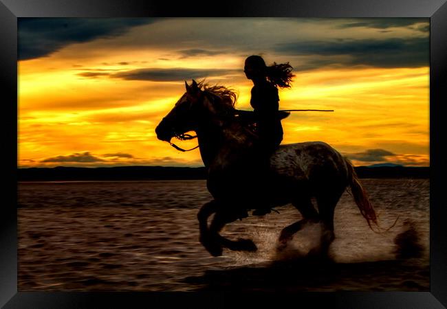Girl Horse riding silhouetted against sunset Framed Print by Helkoryo Photography