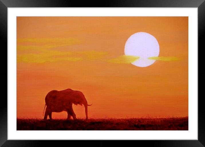 Painting by Peter Bolton, 2003. Elephant at sunset. Now available as prints. Framed Mounted Print by Peter Bolton
