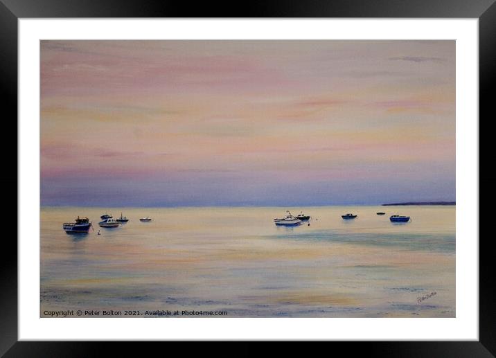 Looking across the estuary at Thorpe Bay. Oil painting by Peter Bolton, 2005. Framed Mounted Print by Peter Bolton