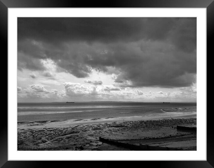 Black and white seascape across Thames Estuary from Thorpe Bay, Essex, UK. Framed Mounted Print by Peter Bolton
