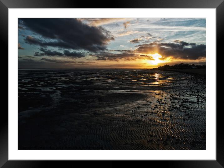 Sunset at low tide, East Beach, Shoeburyness, Essex. Framed Mounted Print by Peter Bolton