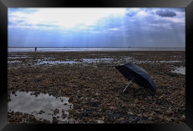 Lonely Umbrella on Deserted Beach Framed Print by Peter Bolton