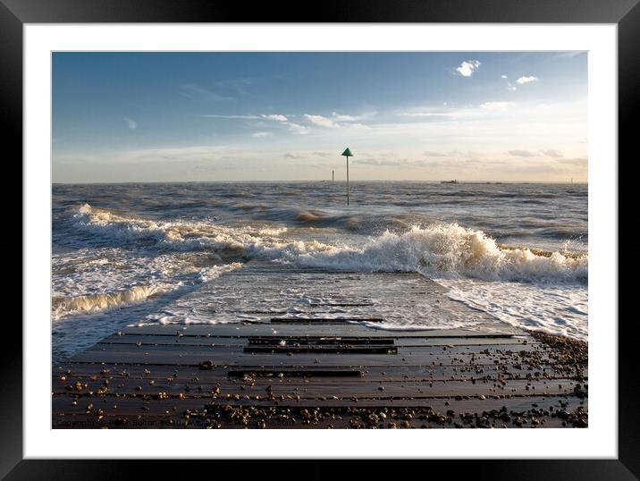 Outgoing tide at Sailing club jetty, Thorpe Bay, Essex, UK. Framed Mounted Print by Peter Bolton