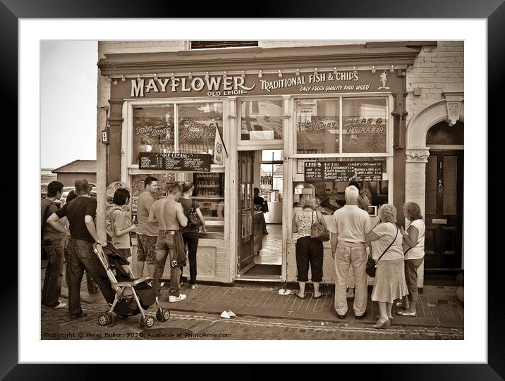 People queue outside a traditional fish and chip shop at Old Leigh, Essex. Framed Mounted Print by Peter Bolton