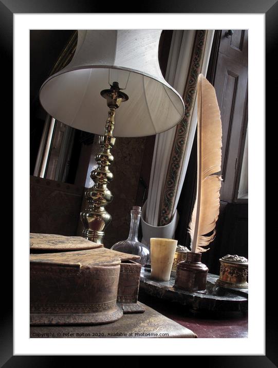 'Lamp and quill'. Studio still life photo art. Framed Mounted Print by Peter Bolton