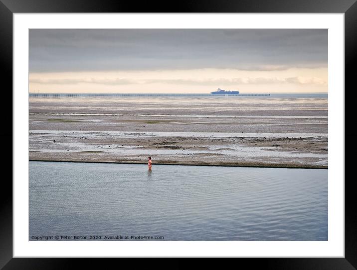 A lone bather in a formal seawater pool at East Beach, Shoeburyness, Essex, on the River Thames. Framed Mounted Print by Peter Bolton