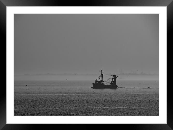 A fishing boat in early morning heading downriver on The River Thames. Framed Mounted Print by Peter Bolton