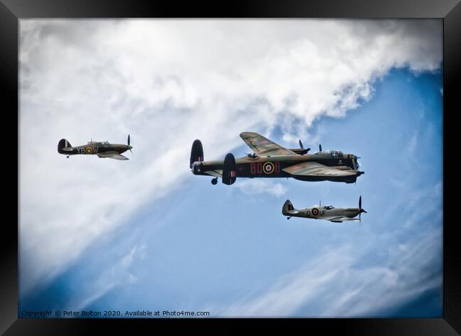 Battle of Britain Memorial Flight. Wellington, Spitfire and Hurricane. Framed Print by Peter Bolton