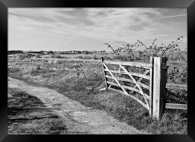 A view through a farm gate in black and white at Two Tree Island, with Hadleigh Castle on the horizon. Essex, UK.  Framed Print by Peter Bolton