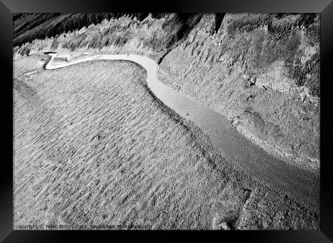 A black and white 'abstract in nature' of a natural tidal drainage channel through the dunes. Framed Print by Peter Bolton