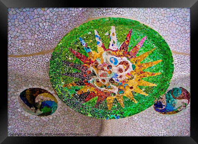 Mosaic in a ceiling by Antoni Gaudi at Park Guell public park in Barcelona. Framed Print by Peter Bolton