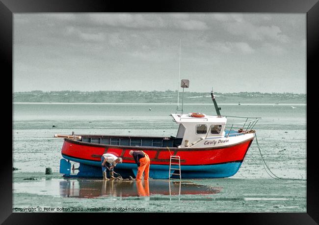 Fishermen maintain their boat at Thorpe Bay, Thames Estuary, Essex. Framed Print by Peter Bolton