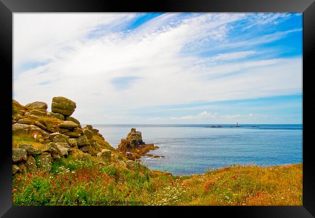 Longships Lighthouse at Lands End, Cornwall, UK. Framed Print by Peter Bolton