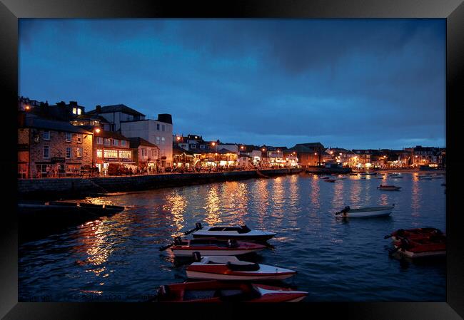 St. Ives harbour at night. Cornwall, Uk. Framed Print by Peter Bolton