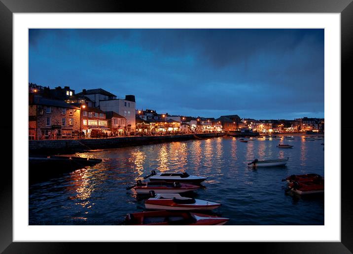 St. Ives harbour at night. Cornwall, Uk. Framed Mounted Print by Peter Bolton
