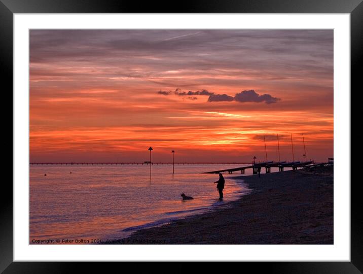 Deep orange sunset over the sea at Westcliff on Sea, Essex, UK. Framed Mounted Print by Peter Bolton