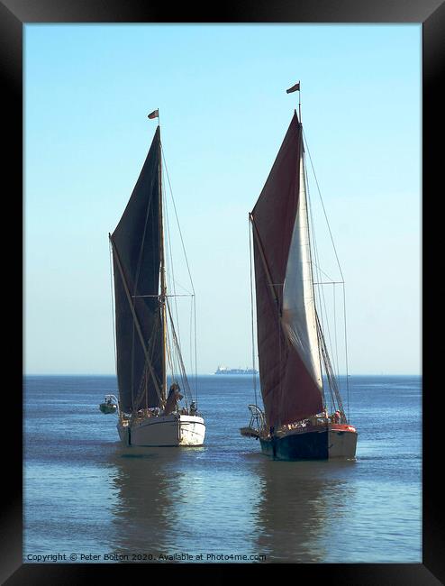 Thames sailing barges off Southend on Sea pier, Es Framed Print by Peter Bolton