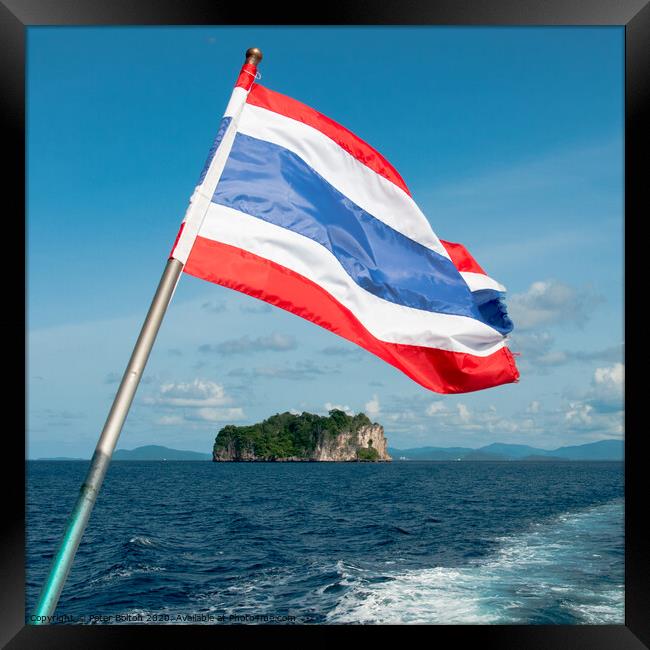 Thailand national flag flying from the stern of a boat. Phang Nga Bay, Thailand. Framed Print by Peter Bolton