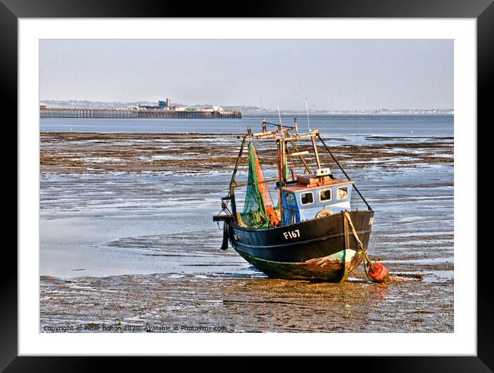 Fishing boat and Southend on Sea Pier, Essex, UK. Framed Mounted Print by Peter Bolton