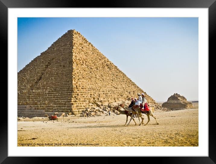 Pyramid of Menkaure with passing camels, Giza, Egypt. Framed Mounted Print by Peter Bolton