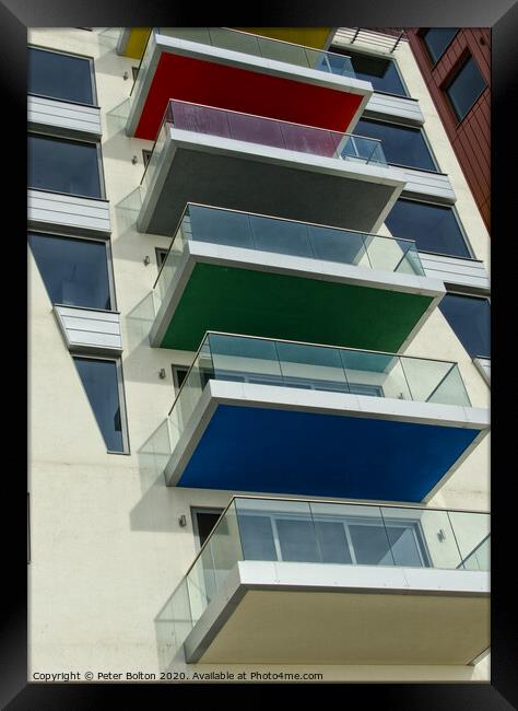 An abstract pattern formed by balconies in an apartment block at Westcliff on Sea, Essex, UK. Framed Print by Peter Bolton